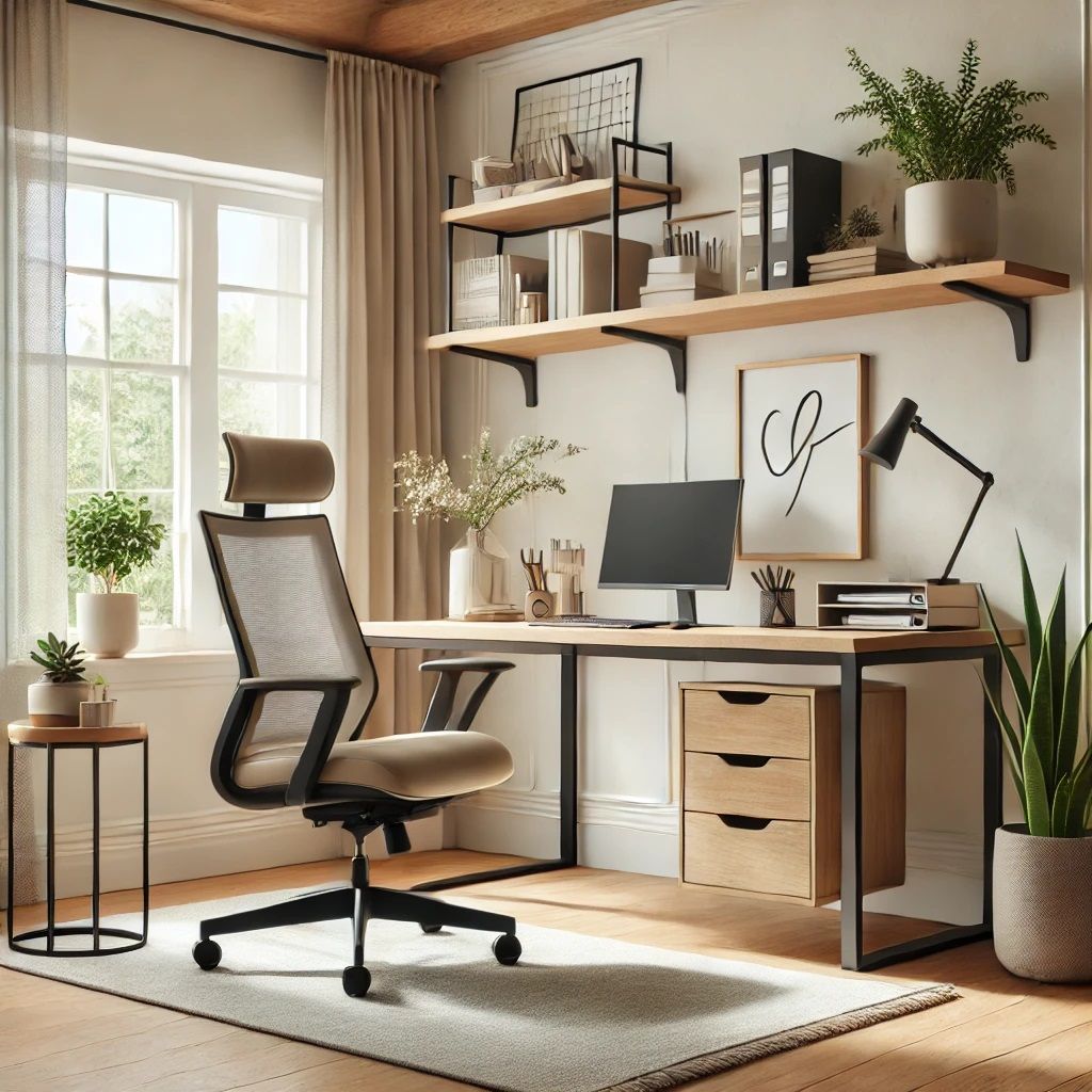 Organised home office desk with adjustable chair and monitor at eye level